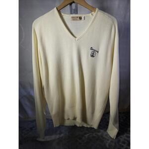 VTG Logo 7 Unisex Marquisat Embroidered V-Neck Sweater L Yellow Novelty